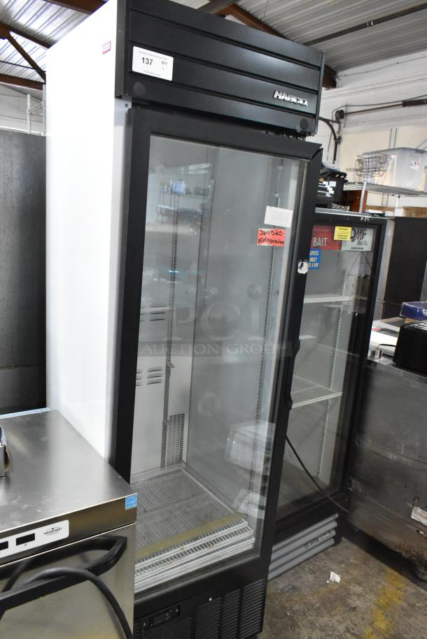 2019 Habco SE18 metal commercial single door reach-in cooler merchandiser, door needs reattachment, 115 volts, 1 phase.