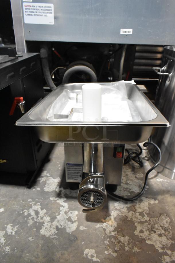 Pro-Cut KG-12-SS Stainless Steel Commercial #12 Electric Meat Grinder, 115V, scratch and dent condition, visible power switch.