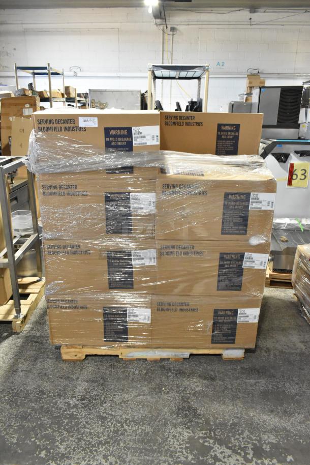 Fifteen boxes of new Kittredge 15730 Serving Decanters, scratch and dent condition, on a pallet; one box half full.