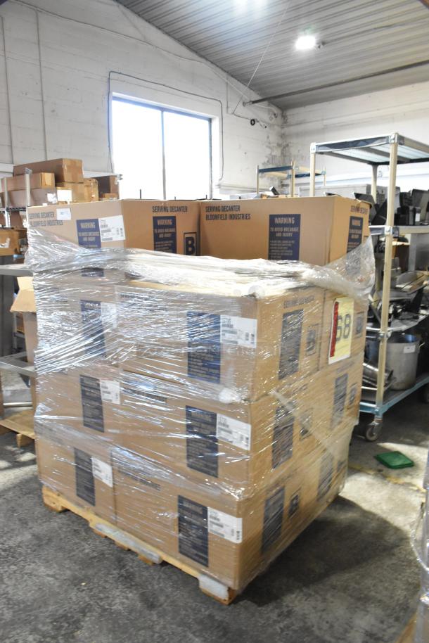 15 new Kittredge 15730 serving decanter boxes, scratch and dent, one box missing half, shrink-wrapped on a pallet.