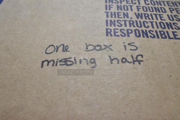 Cardboard box with handwritten note: "One box is missing half." Some printed text visible on cardboard.