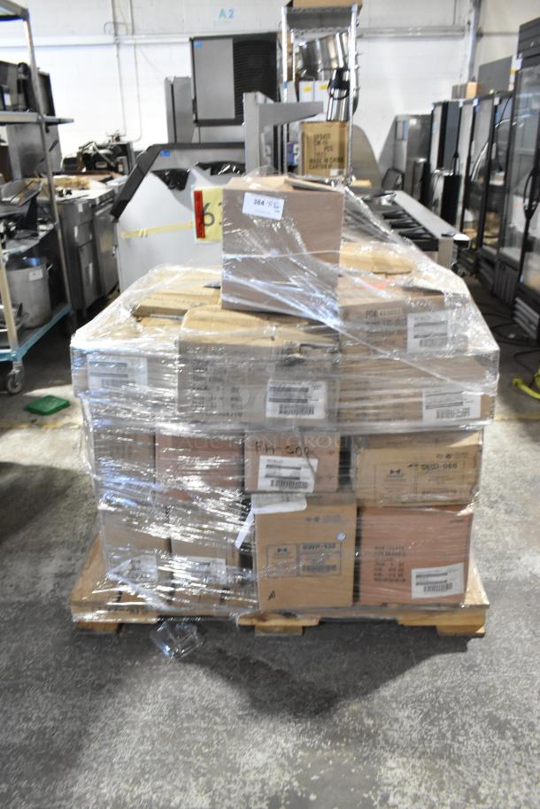 Pallet of 28 scratch and dent boxes wrapped in plastic, including World saucers, Tuxton BWP-130 servers, Tuxton CBD-066 bowls.