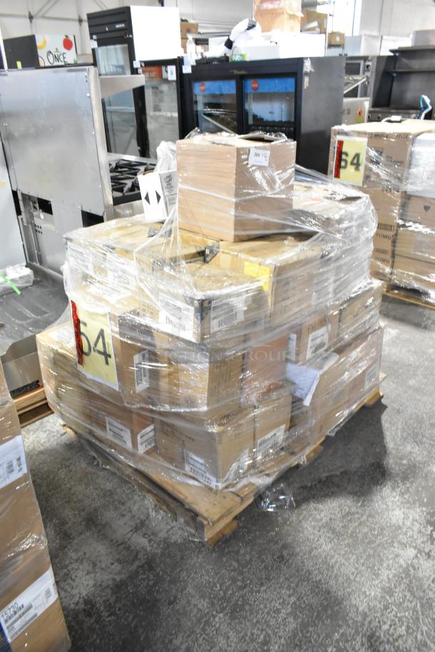 Pallet of 28 brand new scratch and dent boxes, including World 5-7/8" saucers, Tuxton fry pan server, grapefruit bowls.