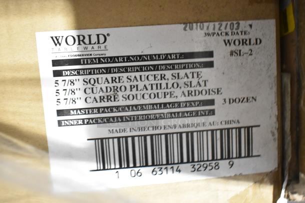 28 boxes of World Tableware 5-7/8" square saucers in slate. Each box: 3 dozen. Made in China.