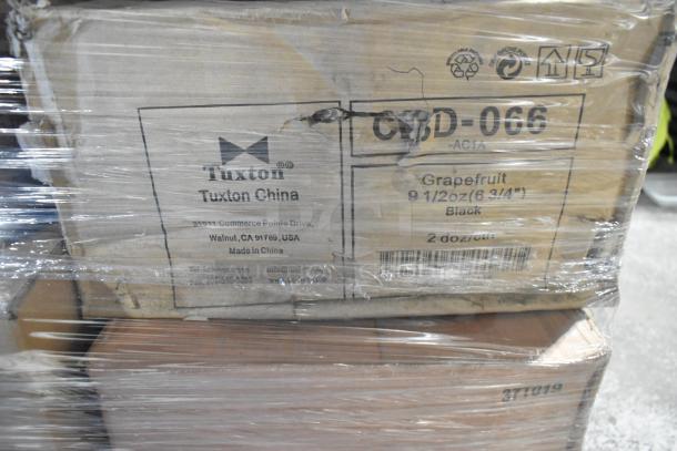 Stack of boxes labeled "Tuxton China" with CBD-066 model, containing 9 1/2 oz grapefruit bowls, packed in plastic wrap.