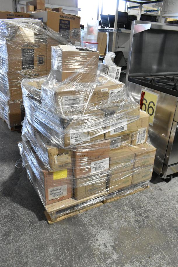 28 sealed boxes, brand new scratch and dent, on a pallet. Includes World saucers, Tuxton fry pan server, and bowls.