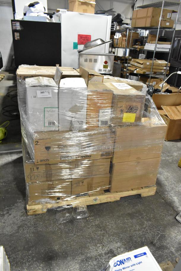 Pallet of 27 boxes, brand new scratch and dent, including Anchor wine and beer glasses, Vertex plates, wrapped in plastic.