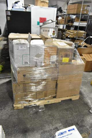 Pallet of 27 boxes, brand new scratch and dent, including Anchor wine and beer glasses, Vertex plates, wrapped in plastic.