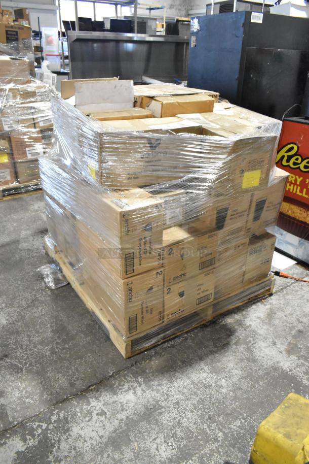 27 brand new scratch and dent boxes on a pallet, including Anchor wine glasses, mixing glasses, beer glasses, and Vertex plates.