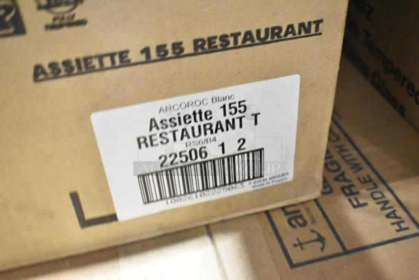 Cardboard box with Arc International label, "Assiette 155 Restaurant," indicating dinnerware inside. Scratch and dent sale.