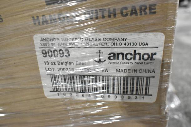 27 boxes of new Anchor glassware including Florentine 8.5oz wine glasses, 16oz mixing glasses, and 13oz Belgian beer glasses.