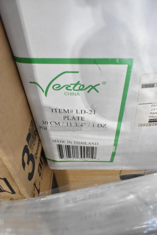 Boxes of brand new scratch and dent items including Vertex 11-3/4" plates, made in Thailand.