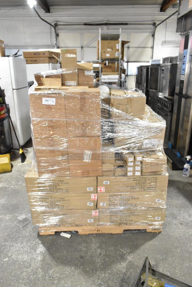 Pallet of 50 brand new "scratch and dent" boxes, including Carlisle Bistro 20oz tumblers and Update ashtrays, wrapped in plastic.