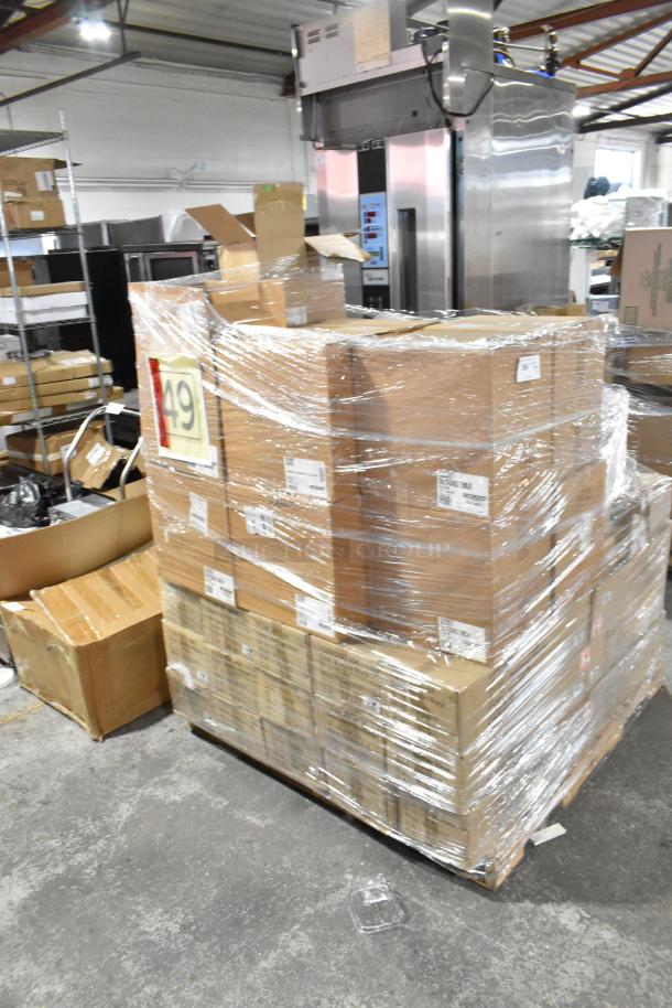 50 brand new scratch and dent boxes, plastic-wrapped on a pallet, including Carlisle Bistro 20oz Tumblers and ashtrays.