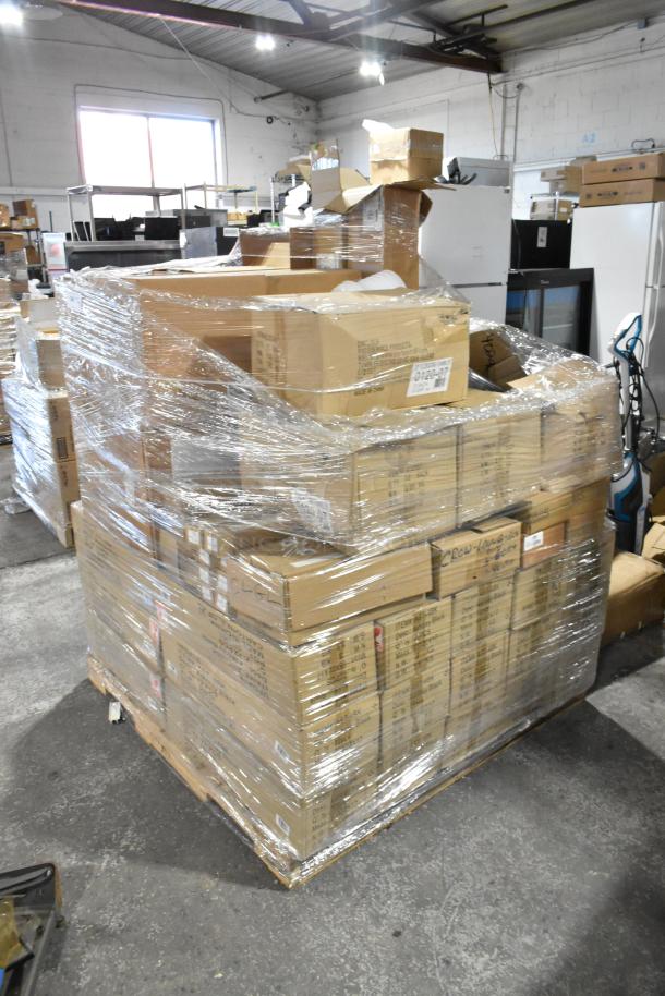 Pallet of 50 scratch and dent boxes, wrapped in plastic. Includes items like Carlisle Bistro 20oz tumblers and ashtrays.