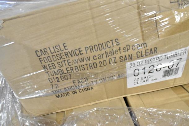 Cardboard box labeled "Carlisle Foodservice Products," containing 20oz Bistro Tumblers, 72 clear units, scratch and dent condition.