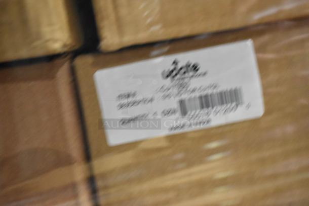 Boxes labeled with item details, including Carlisle Bistro 20oz Tumbler and Update Ashtrays. New, scratch and dent condition.