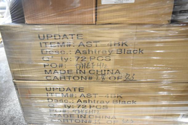 Boxes labeled "Update AST-4BK Ashtray Black," 72 pieces per box, marked "Made in China," wrapped and ready for auction.