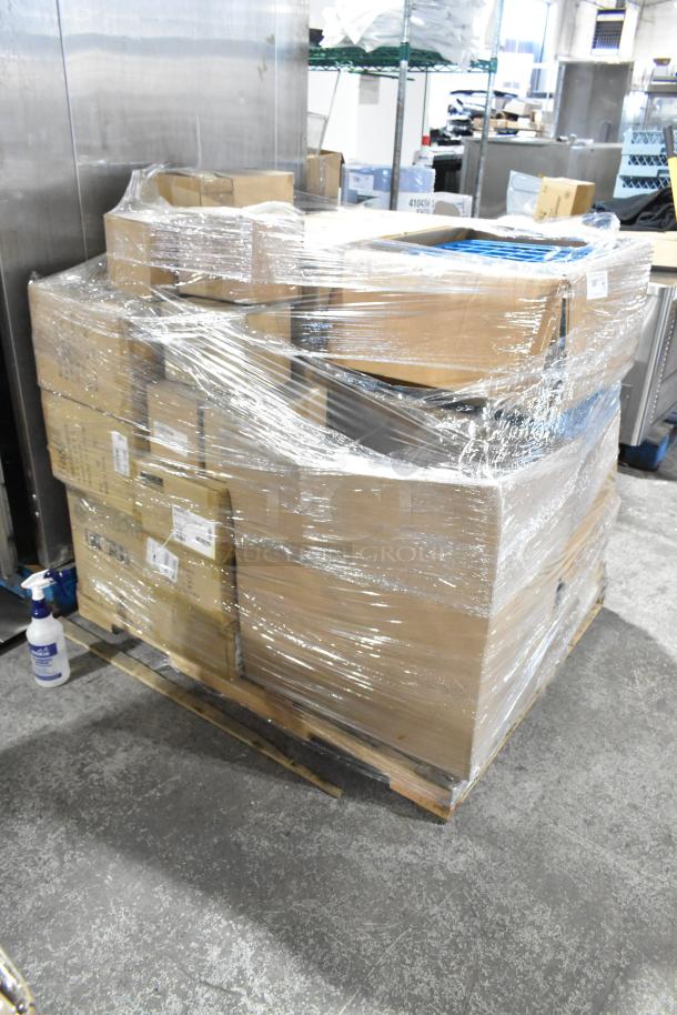 Pallet of 23 new scratch and dent boxes, including Carlisle dish caddies, FOH 336686 pourers, Carlisle bowls, wrapped in plastic.