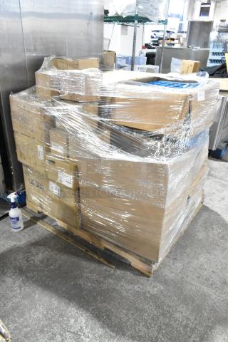Pallet of 23 new scratch and dent boxes, including Carlisle dish caddies, FOH 336686 pourers, Carlisle bowls, wrapped in plastic.