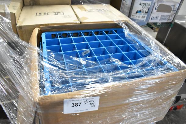 Set of 23 new scratch and dent boxes with Carlisle dish caddies, FOH Cinch Pourers, and more, wrapped in plastic.