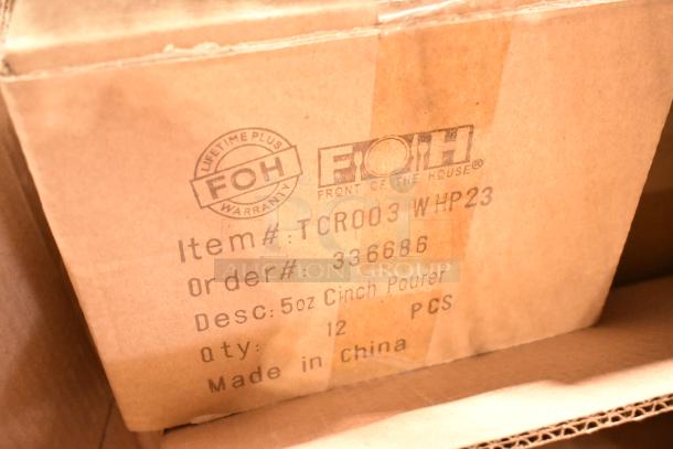 23 new boxes labeled with FOH 336686, containing 5oz Cinch Pourers. Made in China. Includes 12 pieces per box.