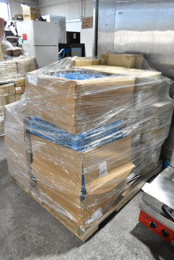 Pallet of 23 new scratch and dent items including Carlisle dish caddies and FOH pourers, wrapped in plastic.