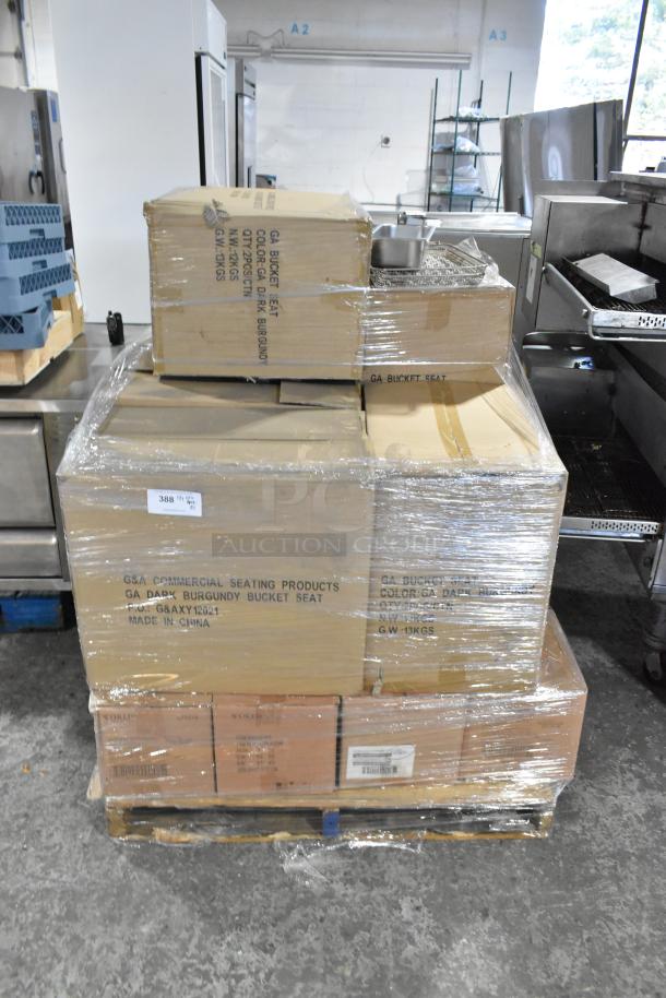 15 new scratch and dent boxes on a pallet, including GSA burgundy bucket seats, World Tableware cups, and Buffalo cream plates.