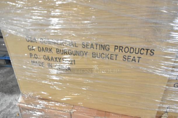 Sealed box labeled "G&A Dark Burgundy Bucket Seat, Made in China," wrapped in plastic. Part of a scratch and dent auction lot.