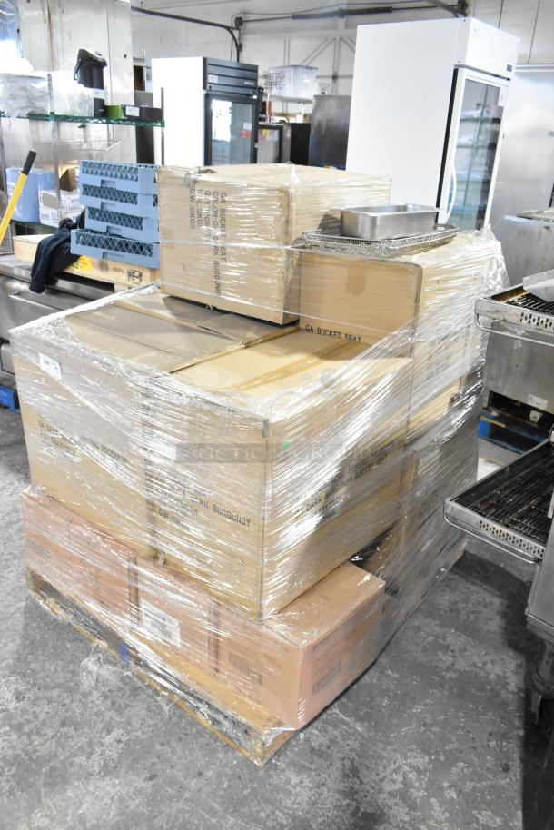 15 brand new boxes on a pallet, including burgundy bucket seats and World Tableware 7oz cups, shrink-wrapped and labeled.