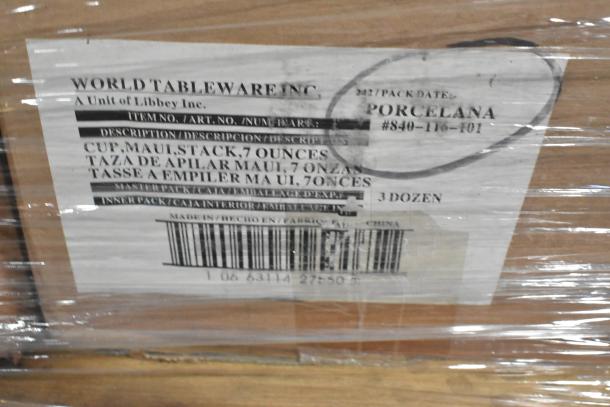 Boxes labeled "World Tableware, Maui Stack, 7 oz cups," wrapped in plastic. Boxes contain porcelain items, 3 dozen per box.