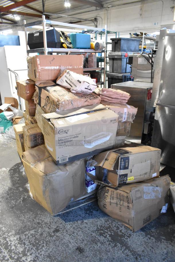 Pile of 20 new, scratch and dent boxes. Includes Choice containers, PET plastic cold cups, Kraft take-out containers, disposable gloves.