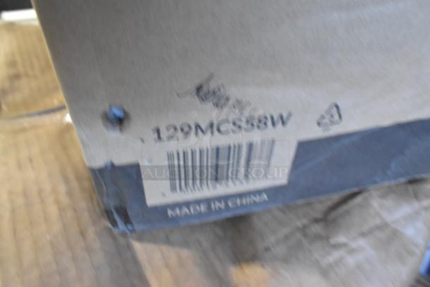 Close-up of a box label showing "129MCS58W," a barcode, and "Made in China." The box is for auction items including Choice containers and Noble gloves.