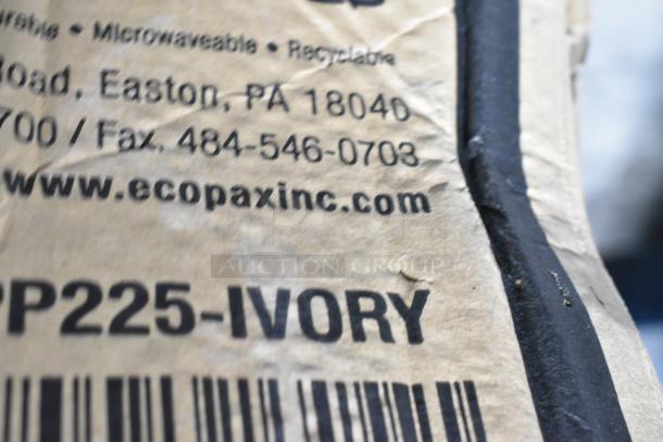 Close-up of a cardboard box with the text "ecopaxinc.com" and product code "PP225- IVORY" printed on it.
