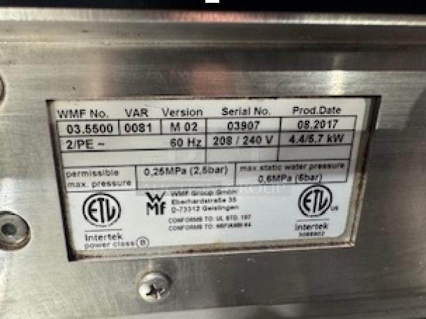 WMF Espresso Model 30.5500 label, showing version M 02, serial 03907, and production date 08.2017.