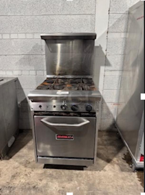 Tri-Star TSR-4 24" commercial gas range with 4 burners, storage base, chrome plated rack, 33,000 BTUs per burner.