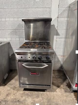 Tri-Star TSR-4 24" commercial gas range with 4 burners, storage base, chrome plated rack, 33,000 BTUs per burner.