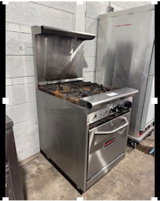 Tri-Star TSR-4 24" commercial gas range, 4 burners, storage base, chrome rack, tested and working, 33,000 BTUs per burner.