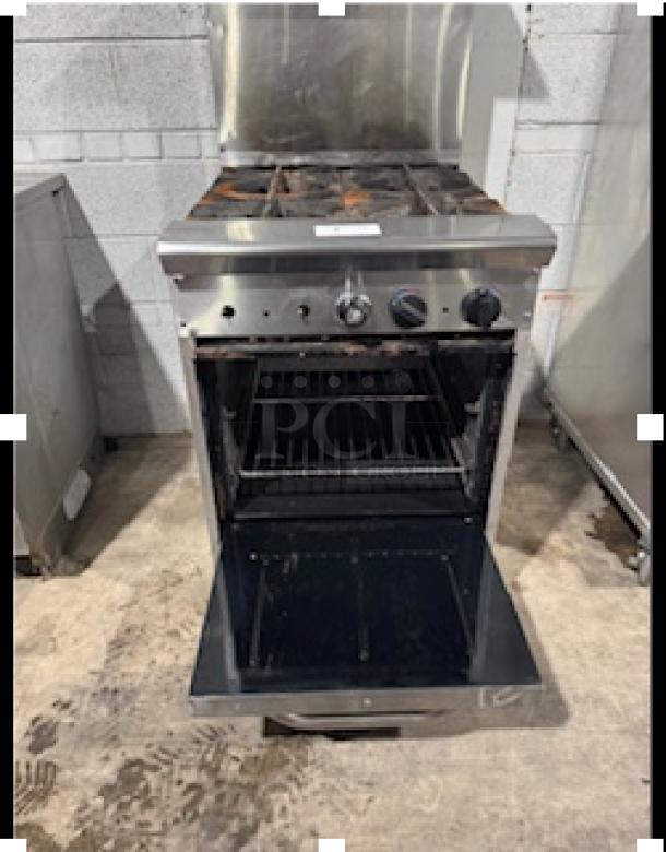 Tri-Star TSR-4 24" commercial gas range with 4 burners, chrome rack, 33,000 BTU per burner, storage base, tested and working.
