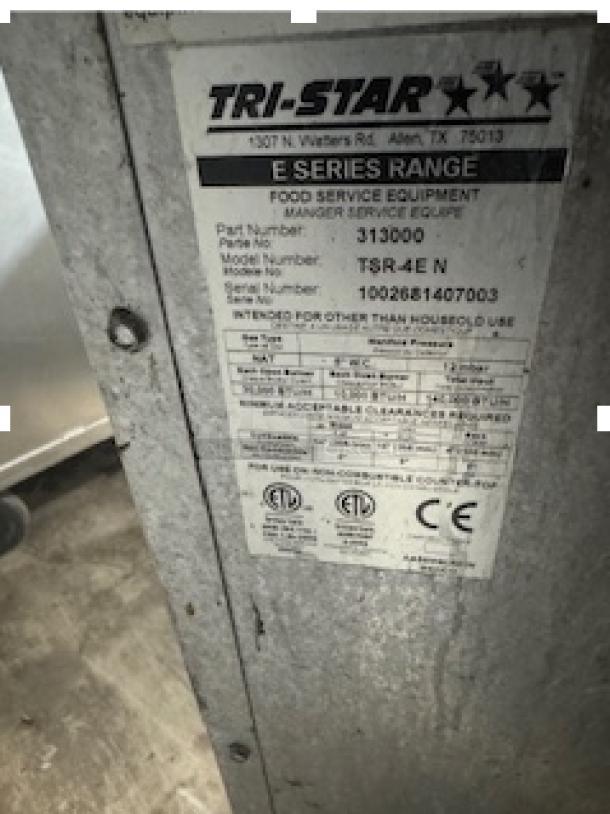 Tri-Star TSR-4E commercial gas range label detailing model and serial numbers, location, and safety certifications.