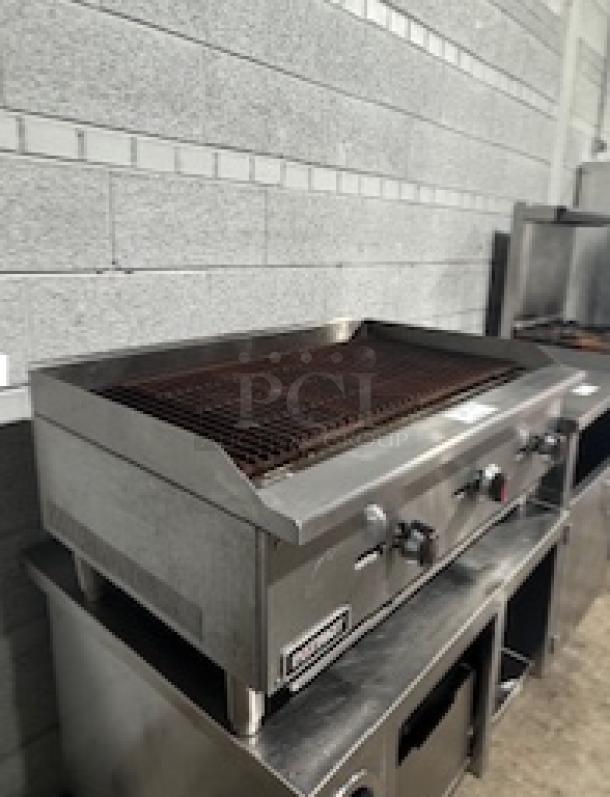 Patriot FMECTC-36/NG gas charbroiler, 30,000 BTU/burner, stainless steel, tested and working, 3/4” rear NPT connection.