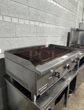 Patriot FMECTC-36/NG gas charbroiler, 30,000 BTU/burner, stainless steel, tested and working, 3/4” rear NPT connection.