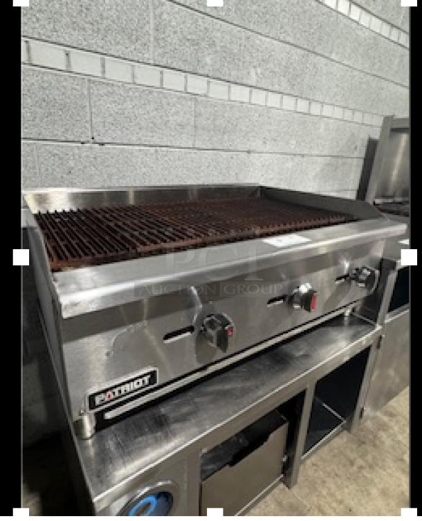 Patriot FMECTC-36/NG gas countertop charbroiler, 30,000 BTU per burner, tested, working, visible Patriot logo.