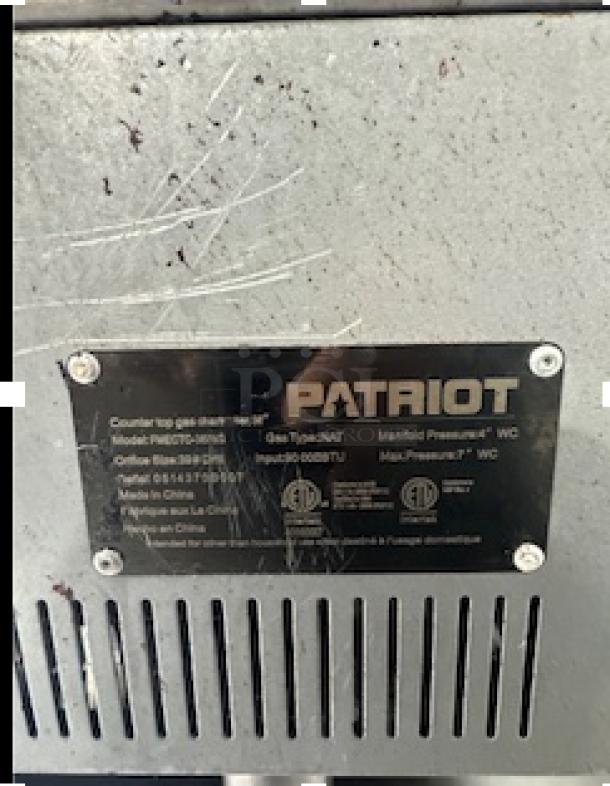 Patriot countertop charbroiler, Model FMECTC-36/NG, 30,000 BTU/burner. Rear NPT, tested and working. Metal label visible.