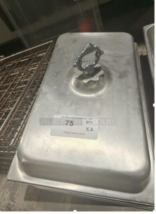 Commercial stainless steel 1/3-size hotel pan cover with decorative handle, label indicating quantity of two.