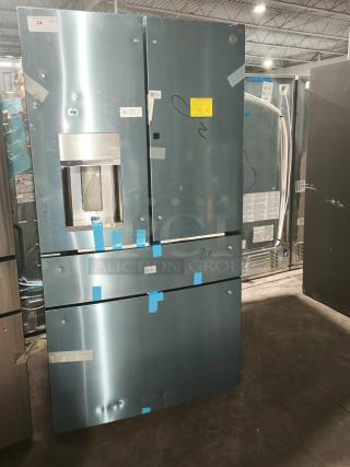 GE Profile™ 27.9 cu ft 4-Door Smart Refrigerator, model PVD28BYNFS, fingerprint-resistant, slight visible dents.