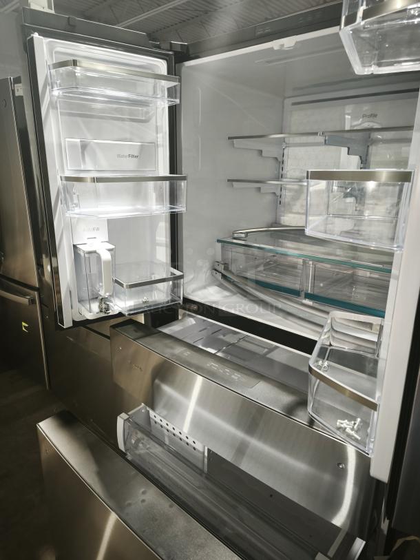 GE Profile™ 28.7 cu ft Smart 4-Door French Door Refrigerator, model PGE29BYTFS, features fingerprint-resistant finish, AutoFill pitcher, and ample storage.