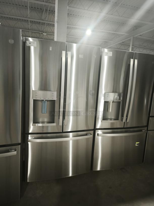 GE 27.7 Cu. Ft. French-Door Refrigerator, fingerprint-resistant stainless steel, model GFE28GYNFS, showroom condition.