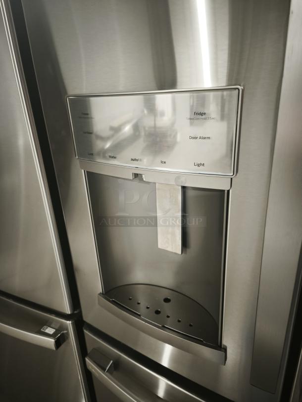 GE 27.7 Cu. Ft. Fingerprint-Resistant French-Door Refrigerator, stainless steel, Model GFE28GYNFS, ice and water dispenser.