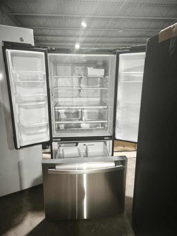 GE 27.7 Cu. Ft. French-Door Refrigerator, stainless steel, fingerprint-resistant, model GFE28GYNFS, open view.